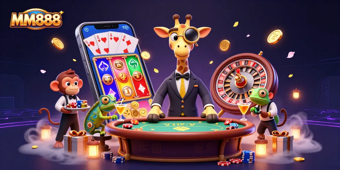 Experience exhilarating slots with MM888, featuring vibrant characters and casino elements in a lively scene.
