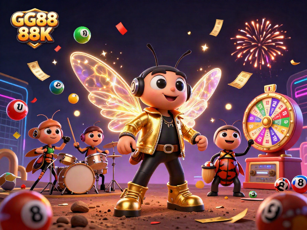 Engage in exciting gaming action with GG88 88K, featuring vibrant lottery elements and energetic characters.
