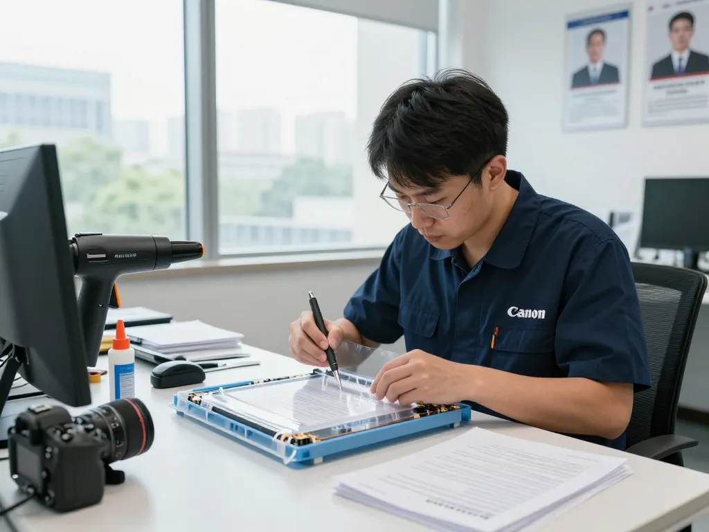 Bóc ép plastic hà nội process with a technician expertly removing plastic from documents in a modern office.