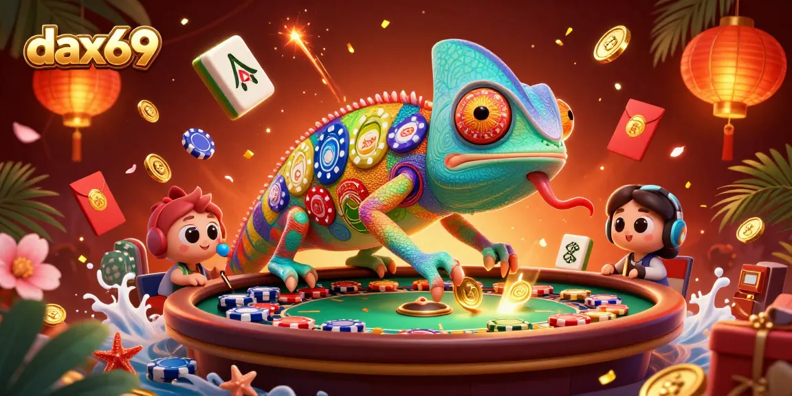 Dax69 menampilkan ilustrasi kasino penuh warna dengan karakter chameleon besar menangkap koin emas.