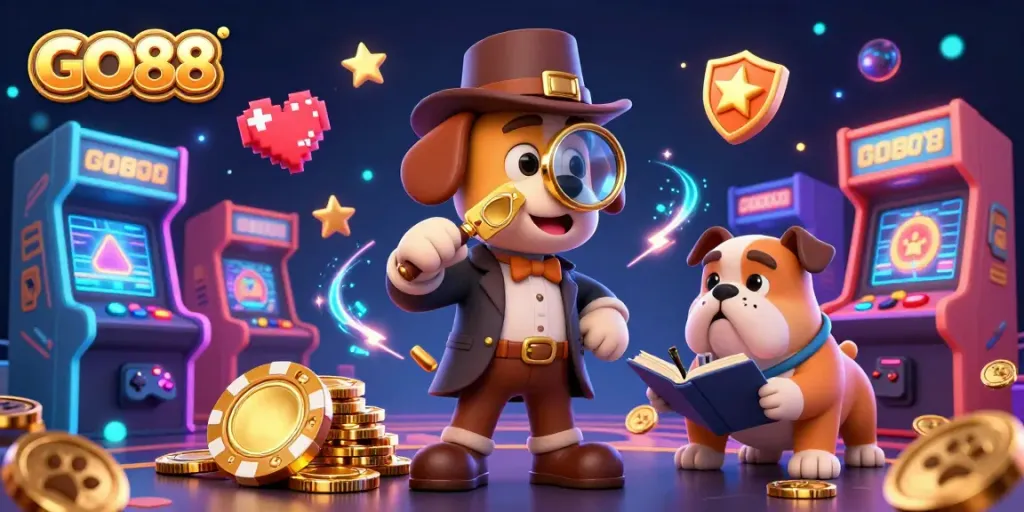 Engage with GO88's vibrant casino adventure featuring a detective inspecting a poker chip amid arcade excitement.