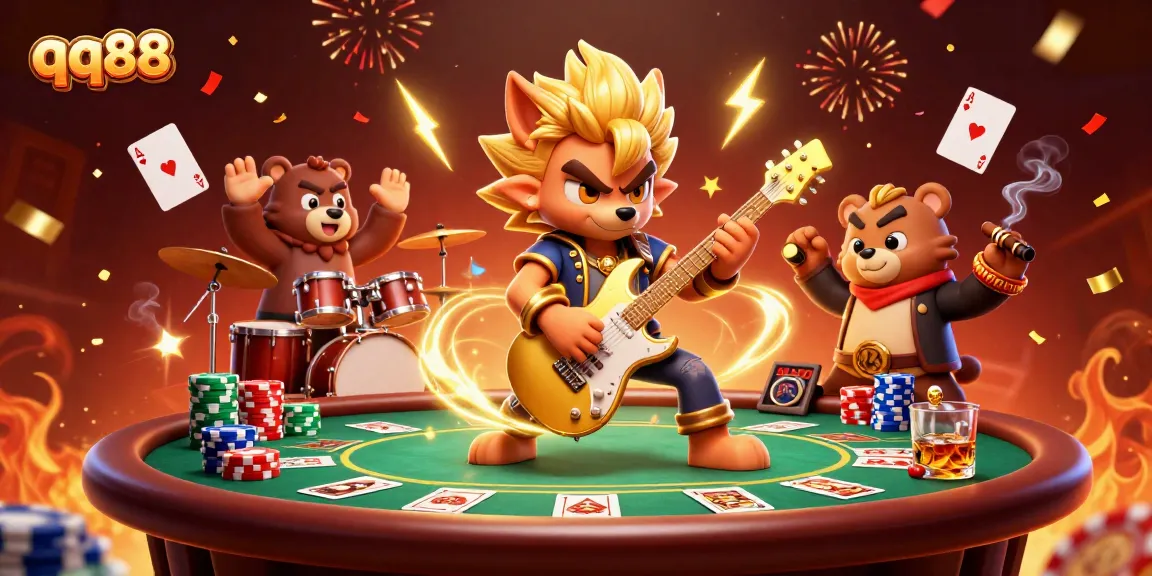 Experience the thrill of qq88 with a lively 3D casino scene featuring cartoon characters and vibrant elements.