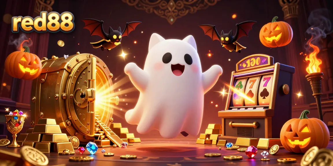 Experience the enchanting red88 spectral gaming realm in this lively haunted casino illustration.