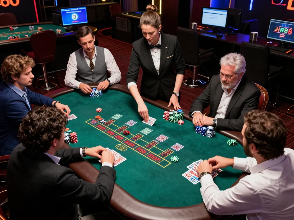 Players engaged in an exciting blackjack game at Jun88 Official, showcasing strategic gameplay and vibrant energy.