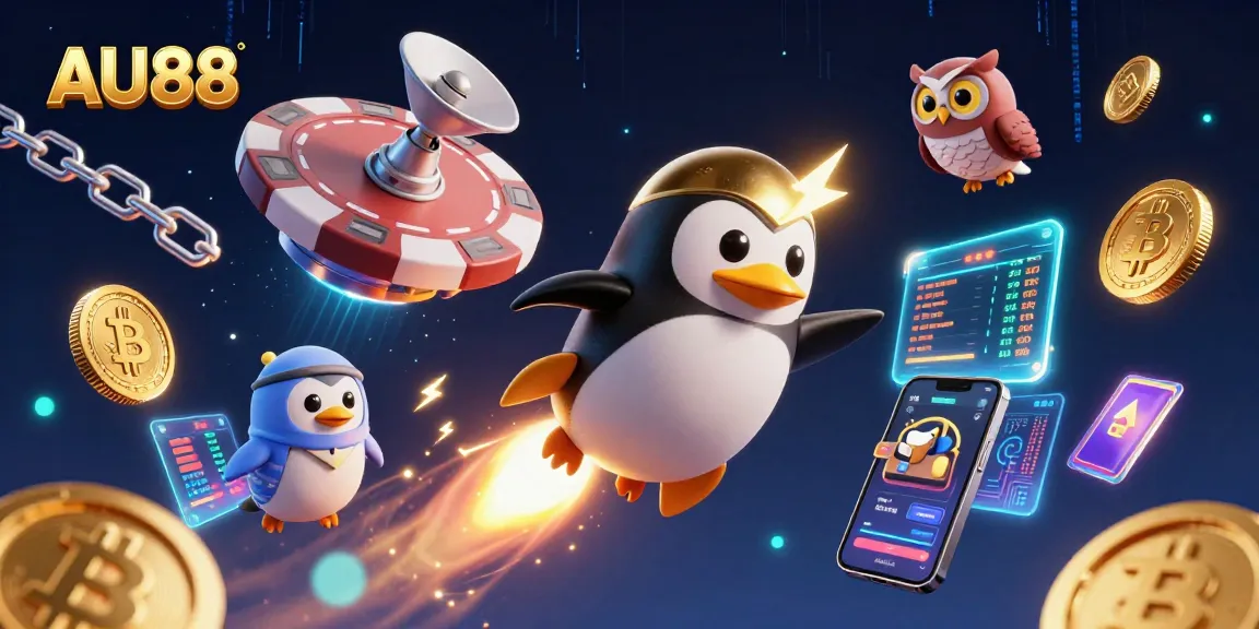 Experience AU88's thrilling adventures with a golden penguin cruising towards a casino station