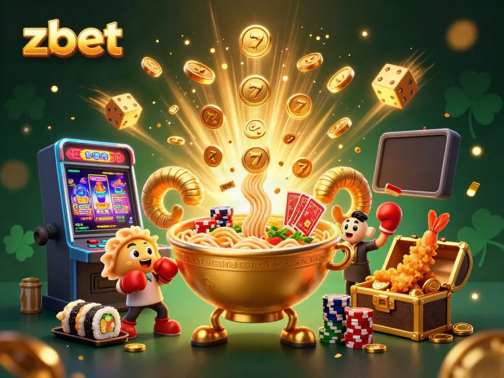 Experience the excitement at ZBET with a vibrant 3D casino scene featuring colorful slot machines, playful characters, and jackpot celebrations.