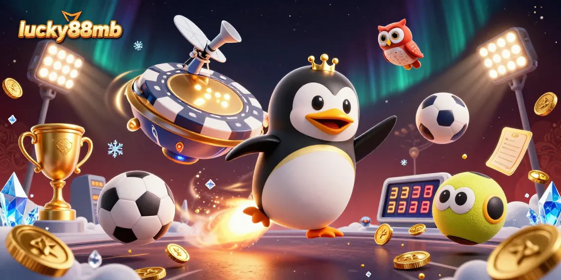 Experience the thrill of winning at lucky88mb with the golden penguin and casino elements.