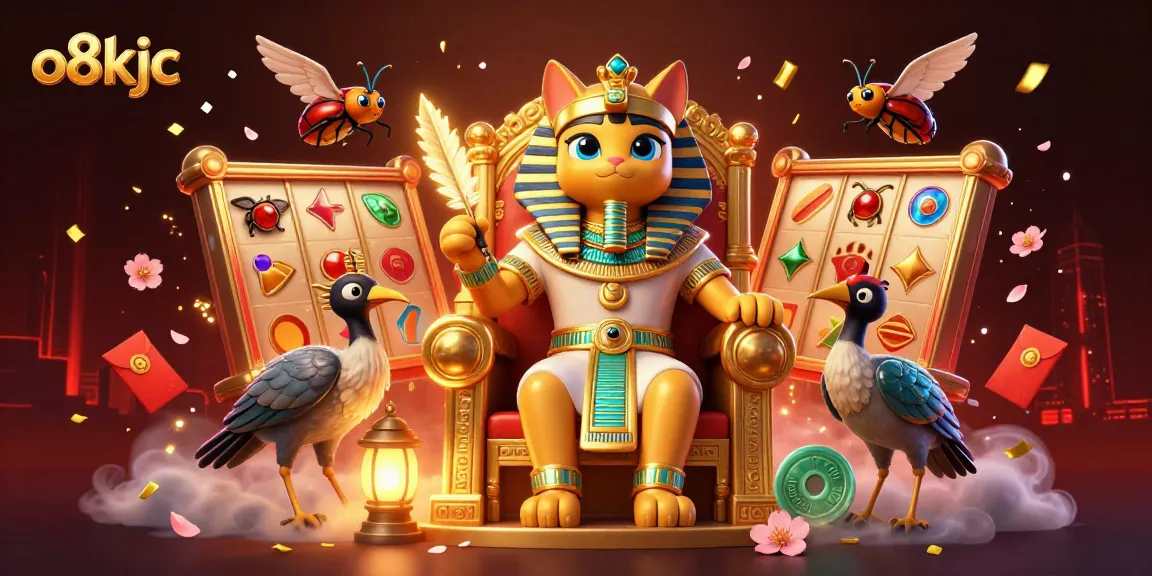 Engage with the exciting o8kjc gaming scene featuring a pharaoh cat, scribe, and vibrant slot reels.