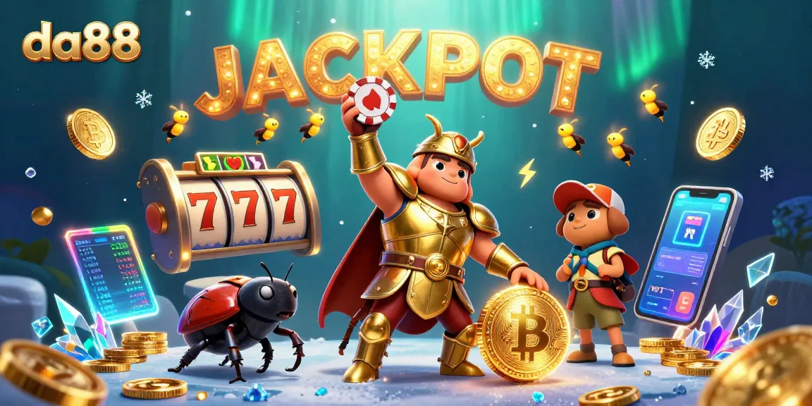 Join da88's thrilling jackpot with a victorious beetle in gold armor lifting a poker chip, surrounded by casino elements.