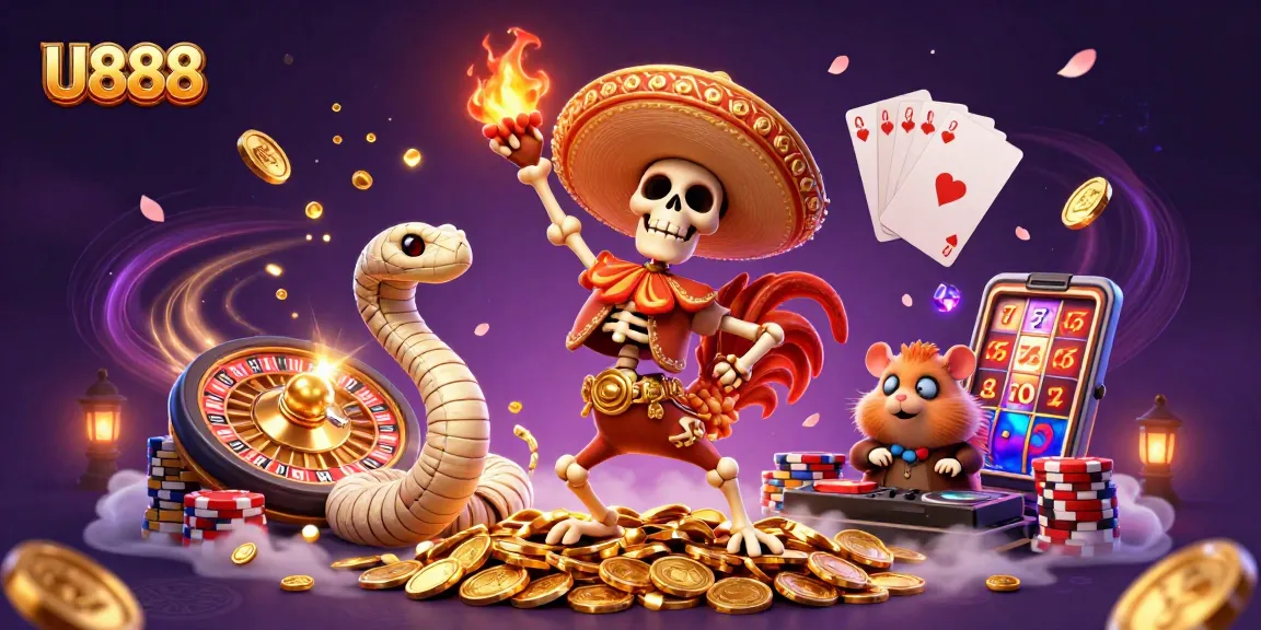 U888 casino celebration with a skeleton mariachi rooster dancing on coins while a mummy snake and zombie DJ animate the scene.