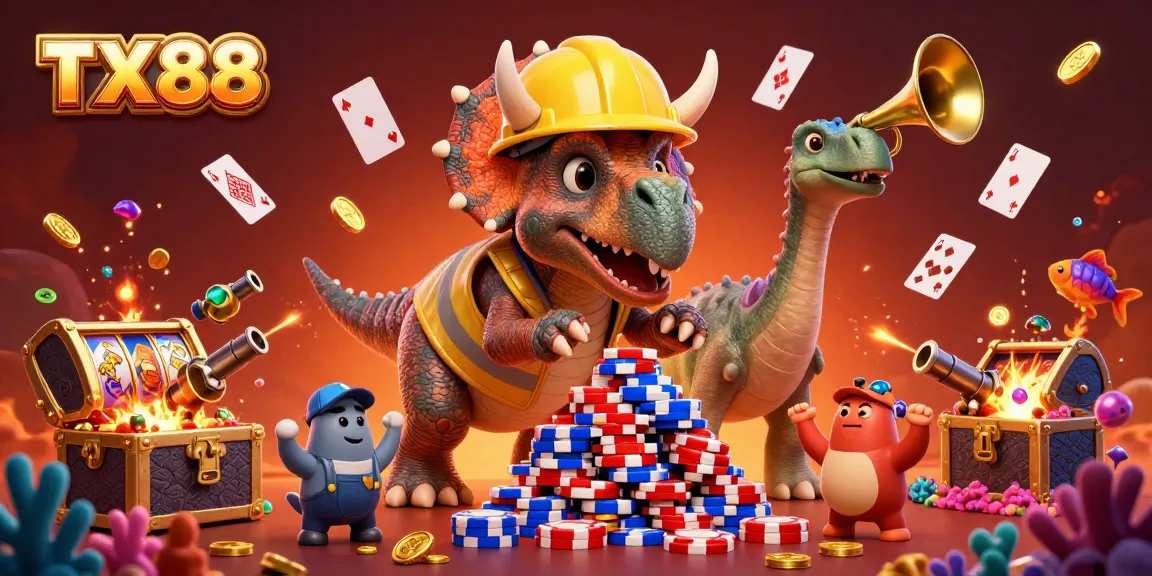 Experience excitement at TX88 with a dynamic 3D casino scene, featuring fun characters and casino elements.