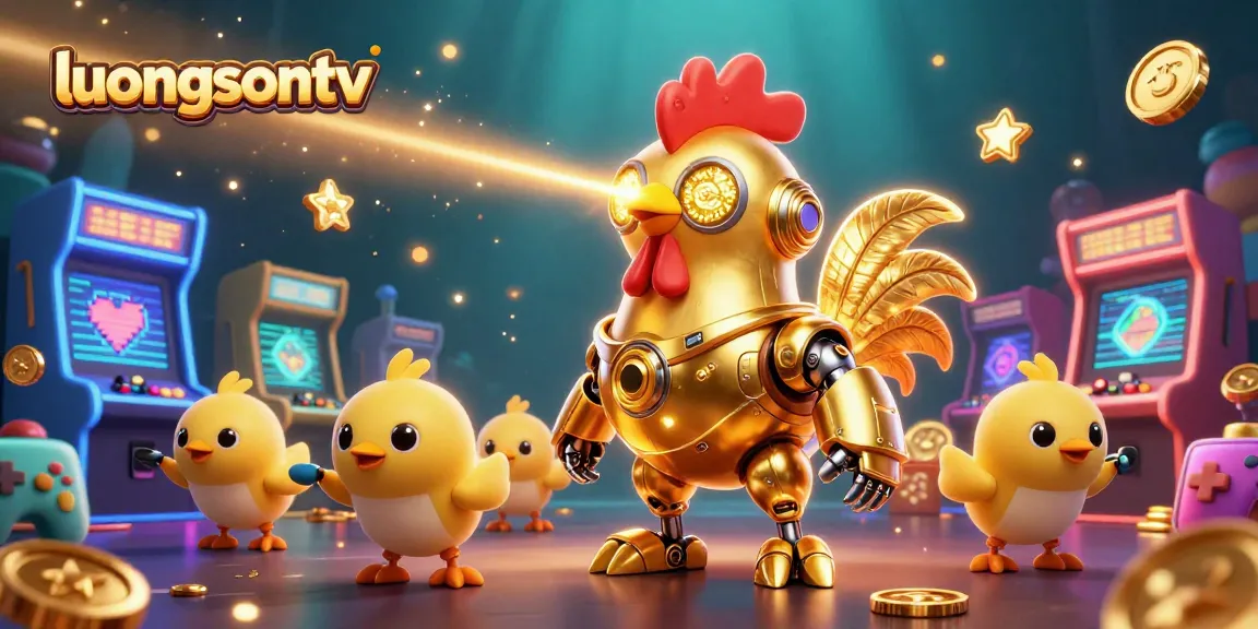 luongsontv showcases a golden rooster robot and baby chick drones amid casino-themed elements.