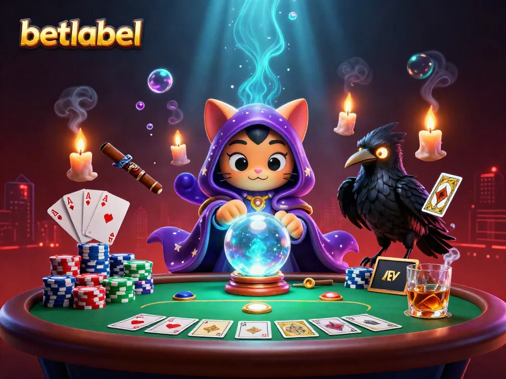 betlabel showcases a mystical fortune teller cat and raven in a vibrant casino setting while engaging players