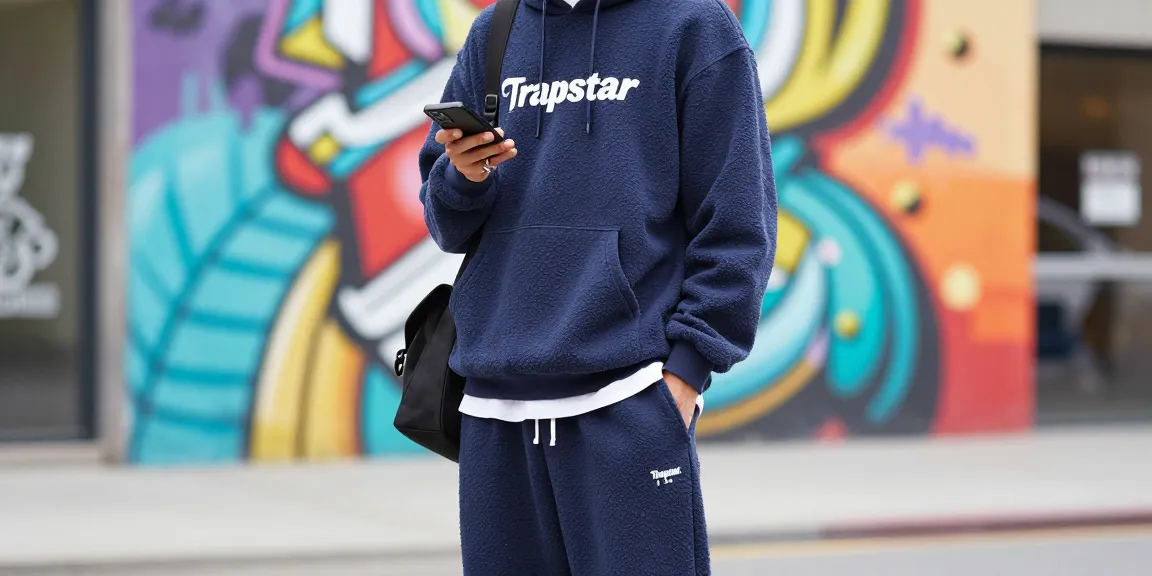 Trapstar Felpa in un outfit streetwear alla moda in un ambiente urbano vivace.