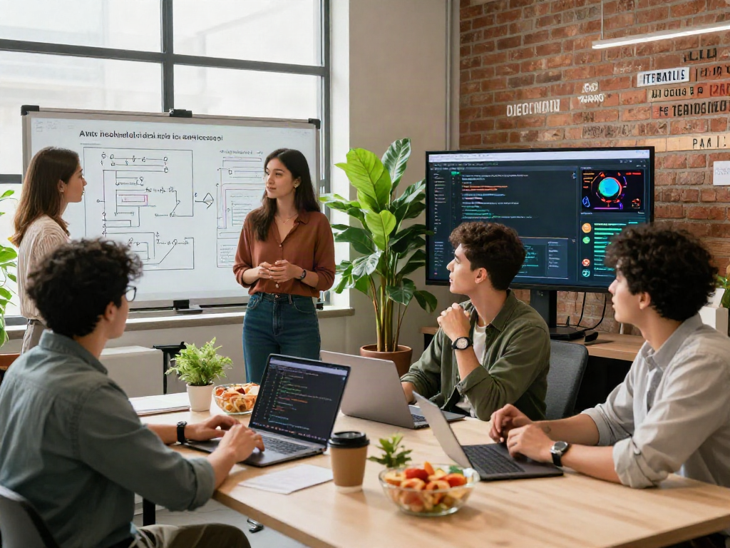 Dynamic collaborative workspace showcasing professionals innovating spicy chat AI technology.