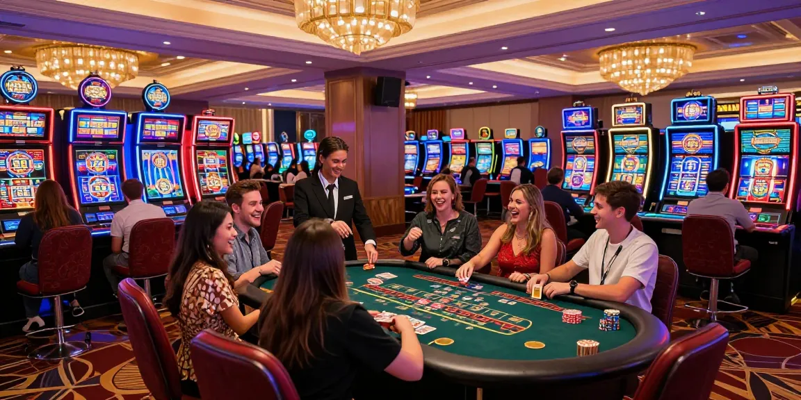 L'emozione della scena di gioco dei casinò non AAMS con giocatori diversi a vari tavoli in un'atmosfera vivace di casinò.