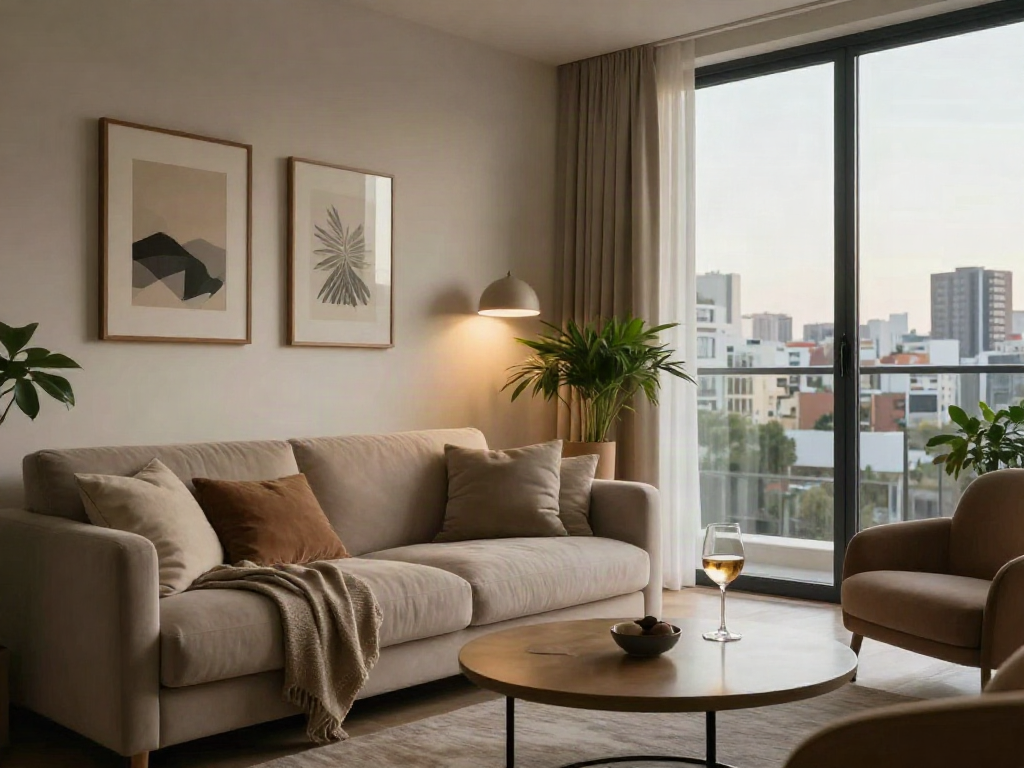 Cozy and stylish living area of discreet apartments in Rehovot, showcasing comfort and warmth.