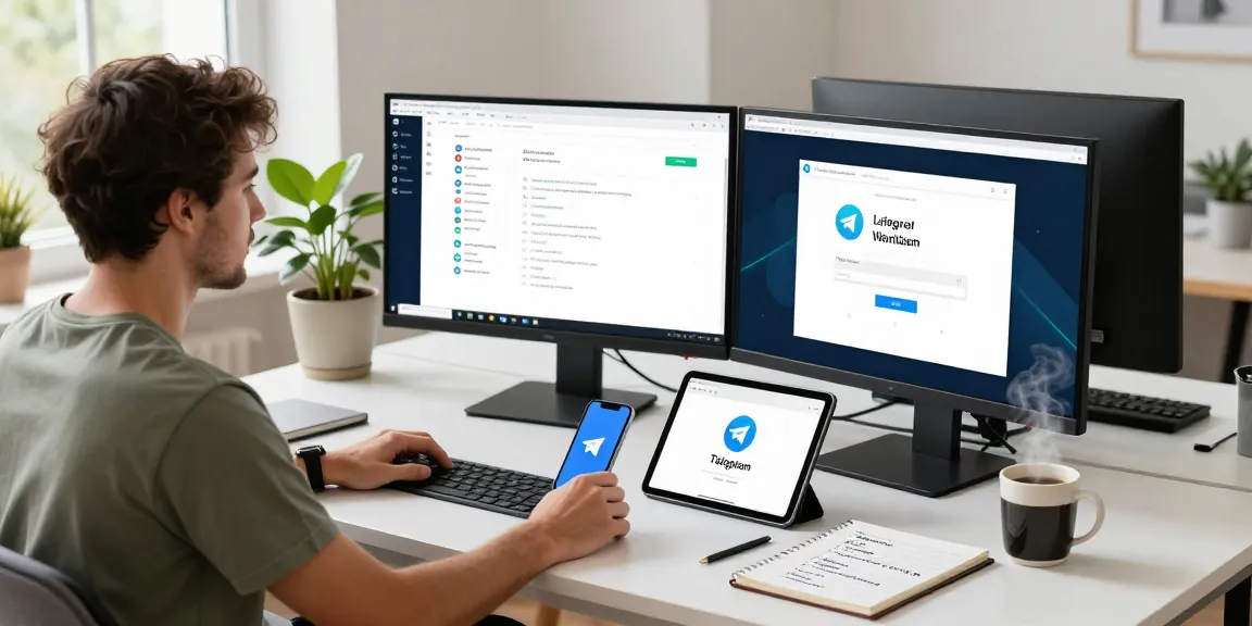 Workspace with developer coding Telegram Download on dual monitors, creating a productive tech atmosphere.