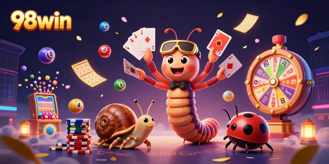 Experience the thrill at 98win with a colorful 3D casino illustration featuring dynamic game elements and characters.