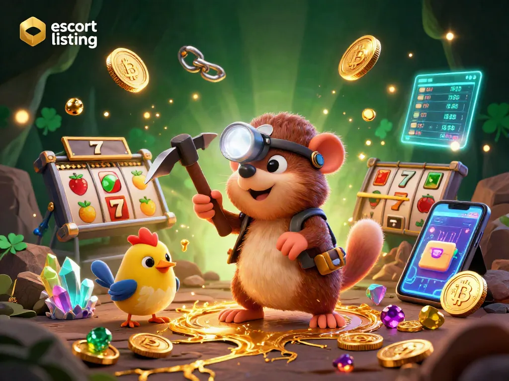 Engaging escort listing scene depicting a treasure hunter mole in a rich casino setting.