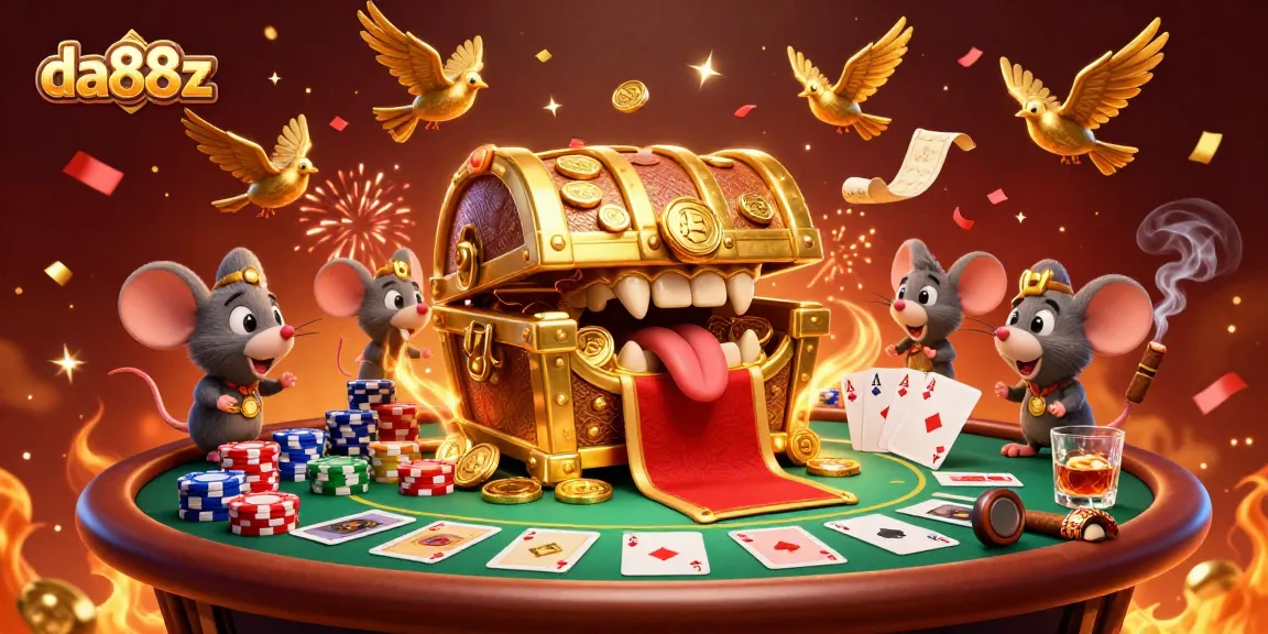 da88z offers an exciting 3D casino scene with treasure chest and poker elements, attracting adventure.