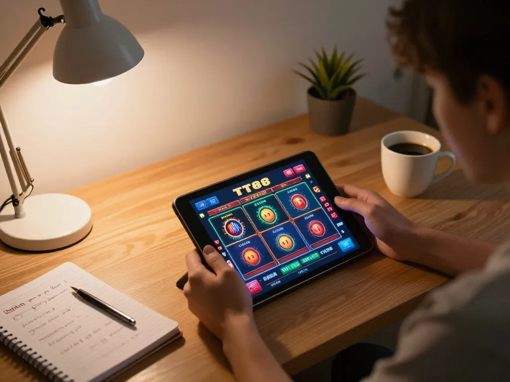 Player engaging with nhà cái tt88 on a tablet in a cozy home gaming setup.
