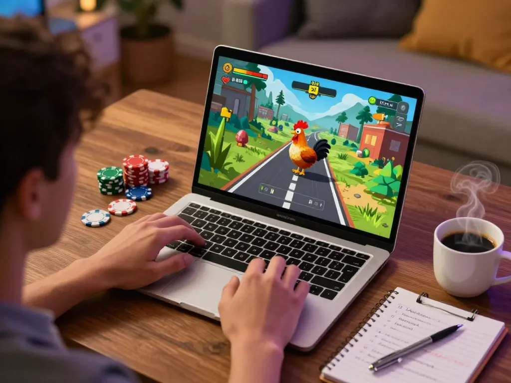 Giocatore che si diverte con il gameplay di Chicken Road recensioni su un laptop, mostrando grafica vivace e materiali strategici in un contesto accogliente.