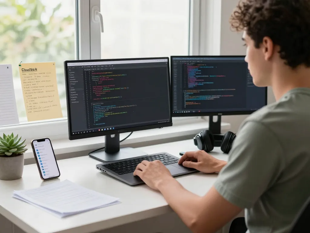Developer using Clawdbot AI on Mac in a modern workspace with programming tools.