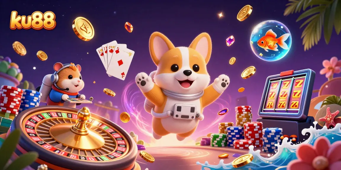 ku88 showcases an astronaut corgi in a space station casino with floating poker chips.
