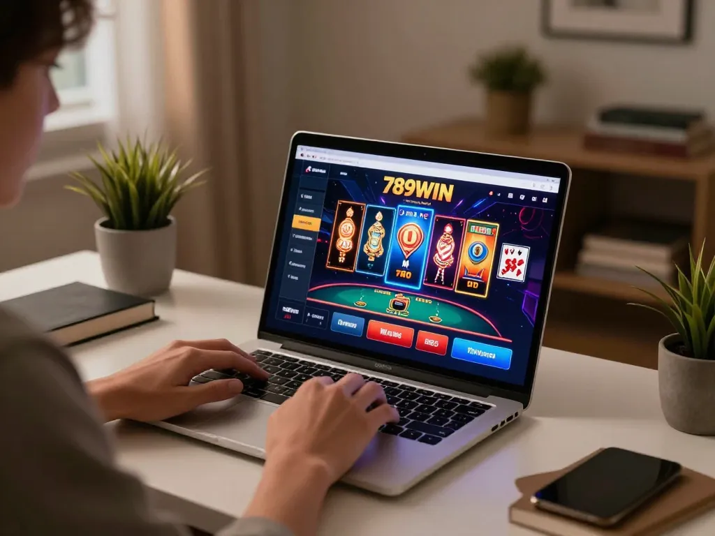 Engaging with 789WIN online casino on a laptop, showcasing vibrant gameplay and a cozy home atmosphere.