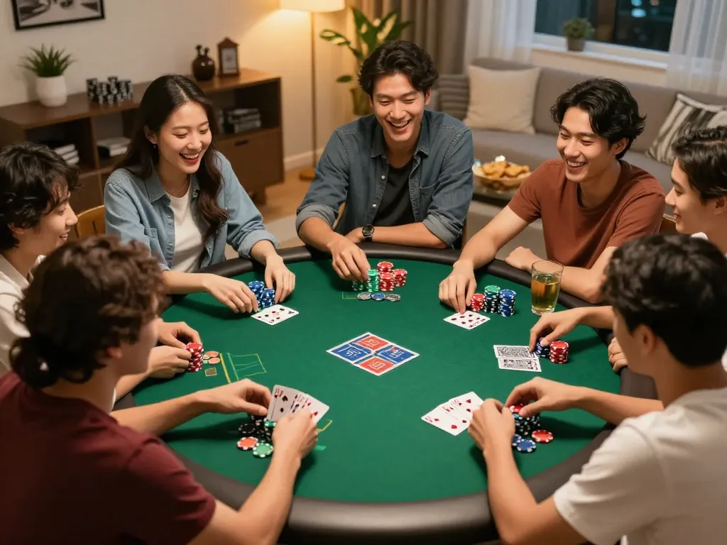Friends enjoying a lively poker night at home with cm88 strategies in play.