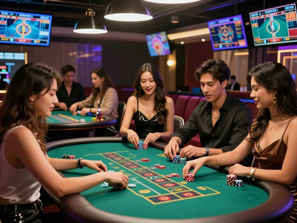 Young adults enjoying nk88 live casino experience with excitement and modern technology.