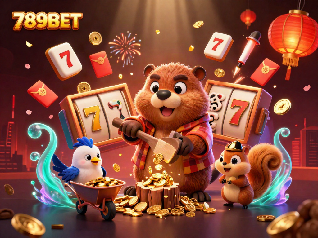 Experience dynamic gameplay with 789BET featuring a cartoon beaver and slot reels amidst golden coins.