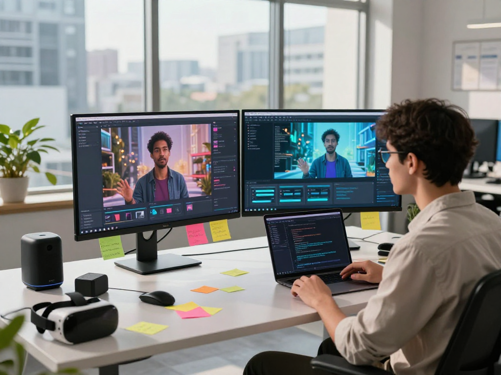 User engaging in AI roleplay in a modern tech workspace with dual screens, interactive graphics, and vibrant decor