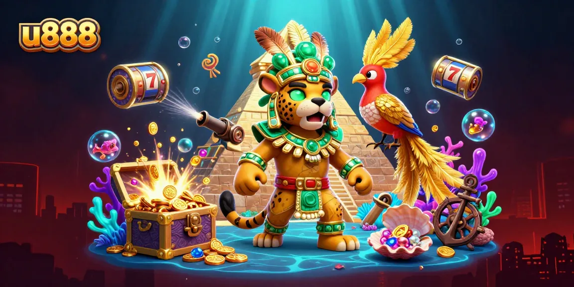Experience exciting gameplay at u888 with a vibrant illustration of a Mayan priest amidst casino treasures.