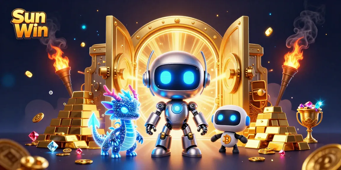 Engage with Sun Win's vibrant casino experience featuring a cyberpunk robot, dragon, and treasures.