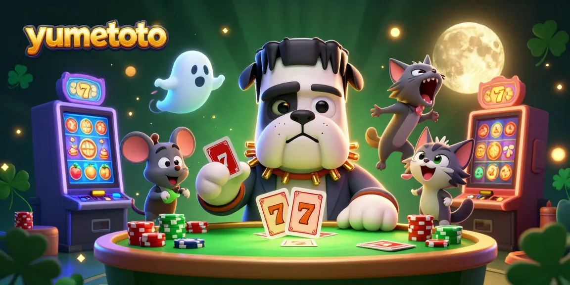 yumetoto showcases a lively 3D casino scene with a bulldog dealer and vibrant slot machines.