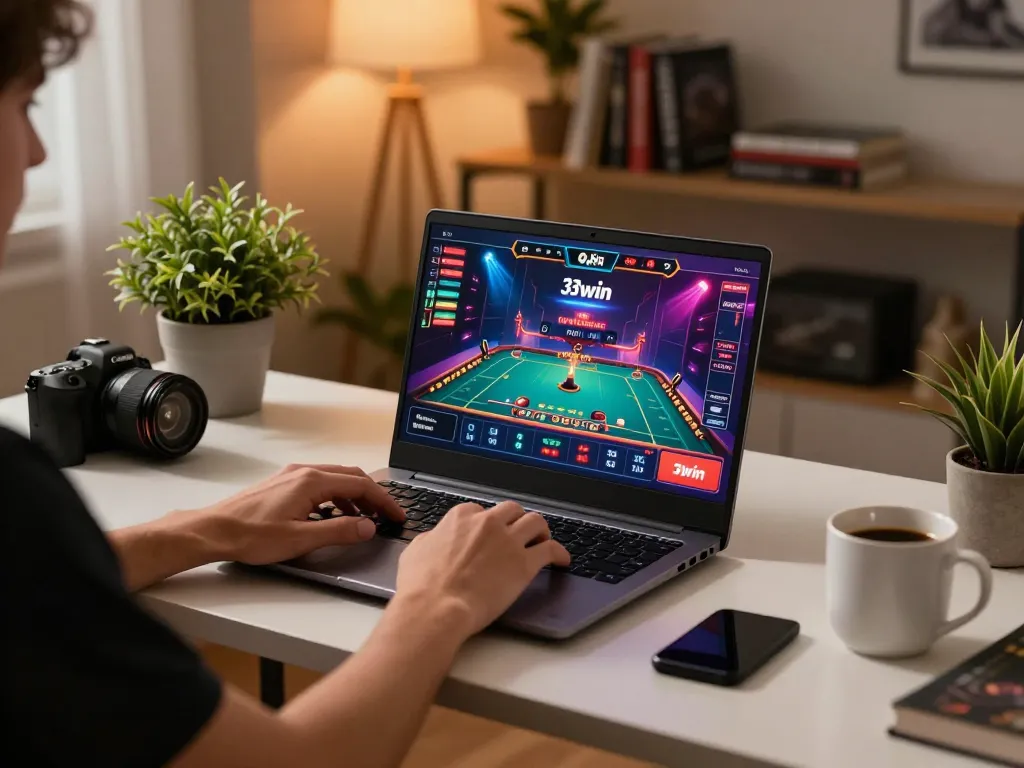 Engaging in a thrilling 33win online gaming session on a sleek laptop.