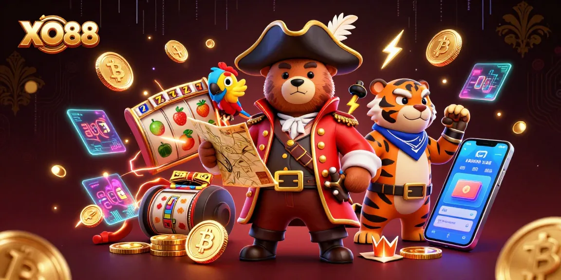 Play thrilling slot games at XO88 with our vivid 3D illustration featuring cartoon characters and crypto elements.