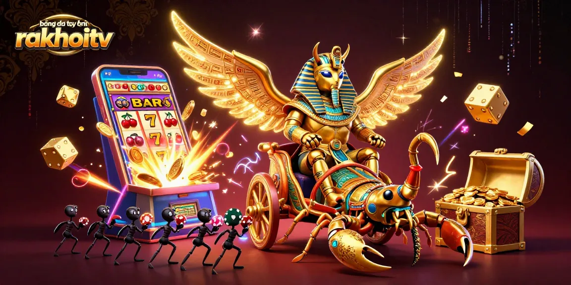 Experience thrilling bóng đá trực tuyến rakhoitv with a dynamic 3D illustration of a golden scarab and vibrant casino elements.