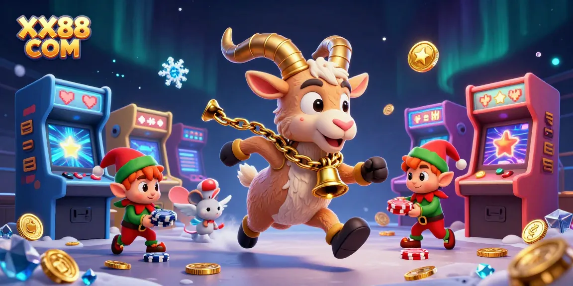 Engage in thrilling gameplay at XX88 COM while the Krampus goat oversees a lively casino scene.