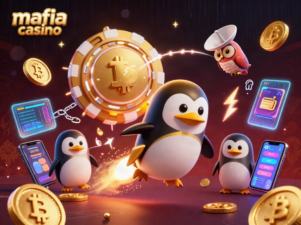 Play at mafia casino with vibrant 3D elements showcasing rocket-powered penguins and neon crypto coins.