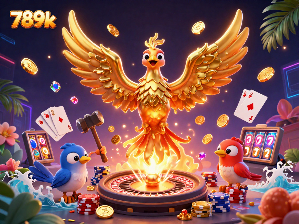 Experience thrilling gameplay at 789k, featuring a golden phoenix surrounded by cascading coins and poker elements.