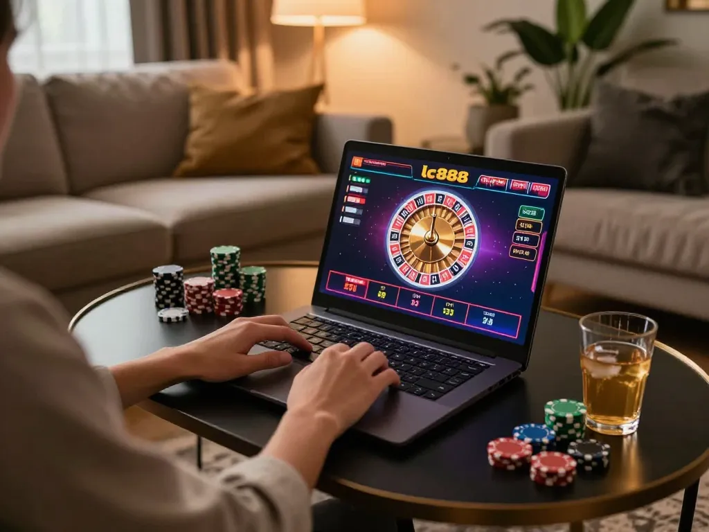 Engaging online lc888 gaming experience at home with modern setup and vibrant graphics.