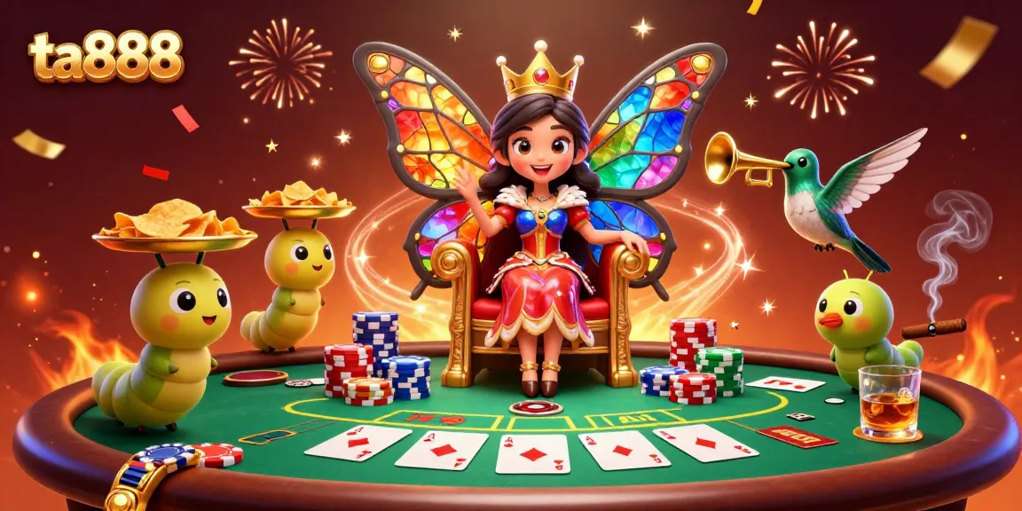 Experience the excitement of ta888 casino with a vibrant poker scene featuring a butterfly queen.