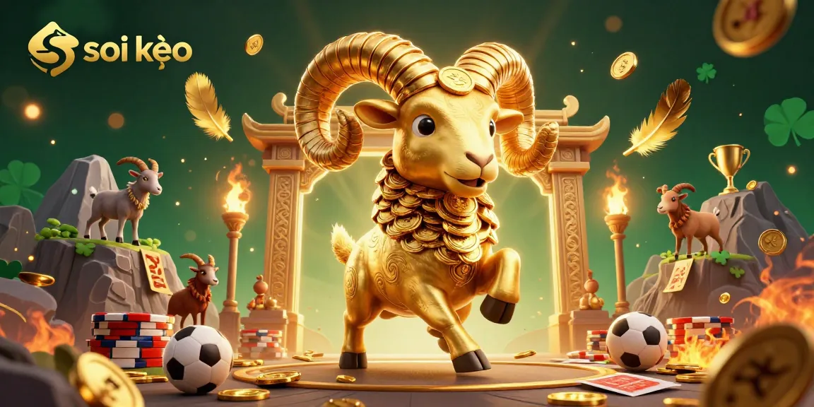 Engage in soi kèo sports betting with a golden ram charging through a dynamic arena filled with excitement.