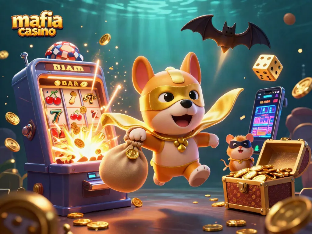Experience the thrilling world of mafia casino with cartoon characters amidst jackpot excitement and vibrant casino elements.