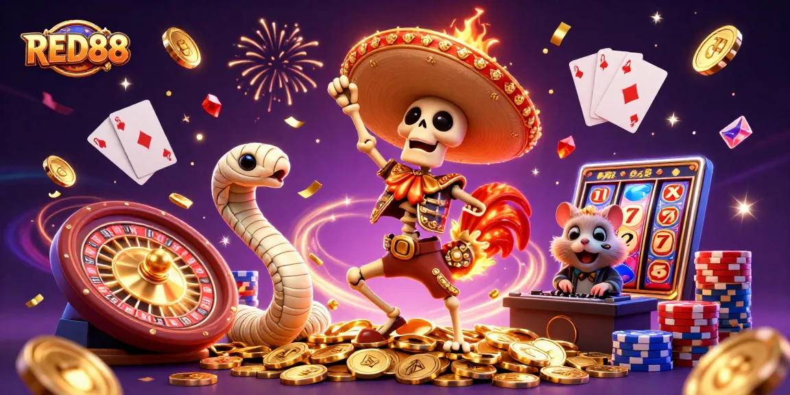 Experience the excitement of RED88 with a vibrant 3D casino scene featuring dynamic characters and game elements.