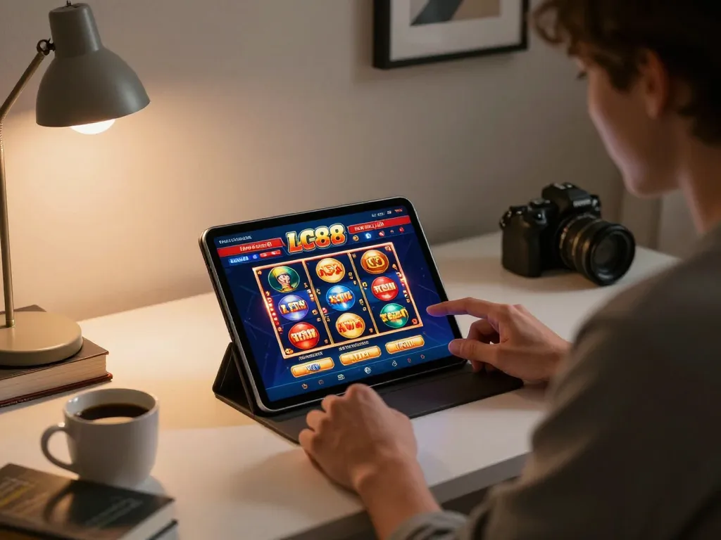 Engaging in online gaming at LC88 with vibrant slots and poker interface visible.