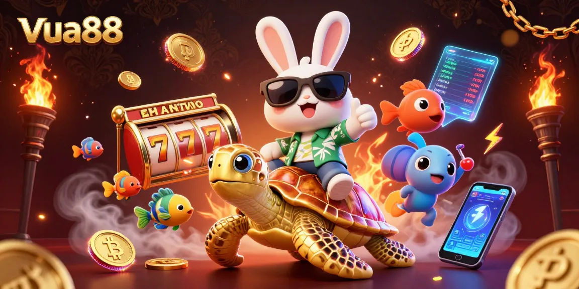 Join the action at vua88 with our lucky rabbit and golden turtle in a vibrant casino scene.